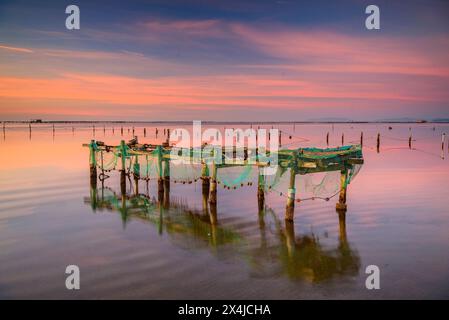 Wintersonnenaufgang in der Bucht von Alfacs im Ebro-Delta, vor einigen Fischernetzen (Tarragona, Katalonien, Spanien) ESP: Amanecer invernal en el Delta Stockfoto