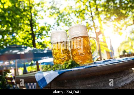 Goldene Bierbecher mit frischem Hopfen am Esstisch auf dem Oktoberfest oder Biergarten in München Stockfoto