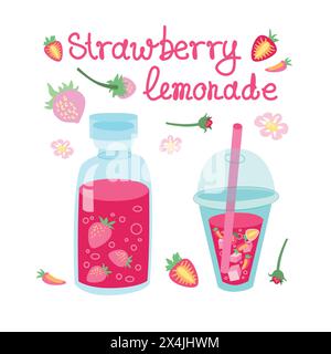 Niedliche Erdbeere Limonade Vektor Illustration. Sammlung Cocktails mit Beere auf weißem Hintergrund. Flache Aufkleber mit Schriftzug. Stock Vektor