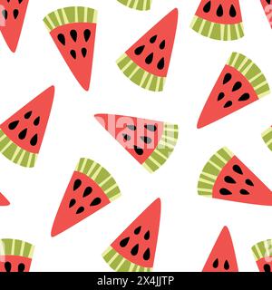 Nahtloses Wassermelonenmuster. Vektorhintergrund mit bunten Wassermelonenschnitten. Sommertextur mit roten Früchten auf weißem Hintergrund. Stock Vektor