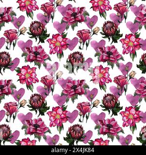 Nahtloses Blumenmuster mit blühenden rosafarbenen Blüten, Protea und Wildrose. Tropisch exotisch. valentinstag-Design mit Herzen Stockfoto