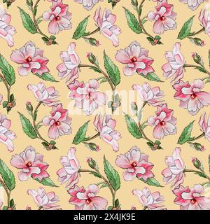 Nahtloses Aquarellmuster mit kirschrosa Blüten, Blättern, Zweigen. Hand gezeichnete florale Sakura japanische Illustration isoliert auf gelbem Hintergrund Stockfoto