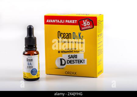 Istanbul Türkei 27. April 2024; Ocean D3 Vitamin K2. Vitamin D, hergestellt von der Firma Orzax. Stockfoto