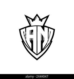 EIN Logo mit fettgedrucktem Buchstaben und scharfer dreieckiger Schildform mit Krone innen in weißer Umrandung auf weißem Hintergrund Stockfoto