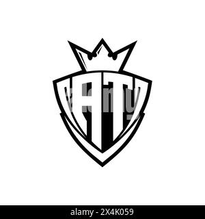 AT Bold Letter Logo mit scharfer dreieckiger Schildform mit Krone innen weißer Umrandung auf weißem Hintergrund Stockfoto