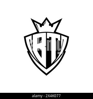 BT Bold Letter Logo mit scharfer dreieckiger Schildform mit Krone innen weißer Umrandung auf weißem Hintergrund Stockfoto