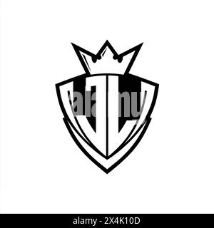JL Bold Letter Logo mit scharfem dreieckigem Schild mit Krone innen weißer Umrandung auf weißem Hintergrund Stockfoto
