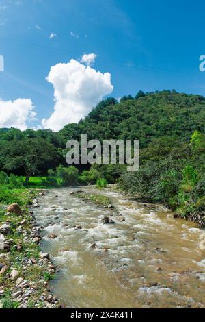 Bergige Landschaft mit einem grünen Fluss, der an einem sonnigen Tag mit blauem Himmel durch das grüne Tal fließt Stockfoto