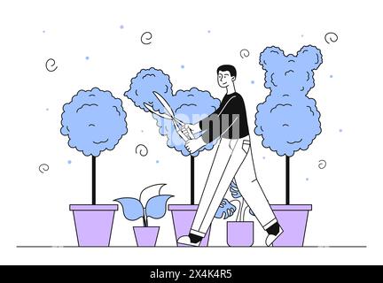 Man schneidet Pflanzen vektorlinear Stock Vektor