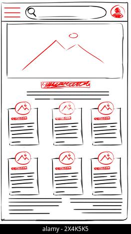 Website-Design-Vorlage, Schnittstellenentwicklung. Drahtmodell mit verschiedenen Elementen auf weißem Hintergrund Stockfoto