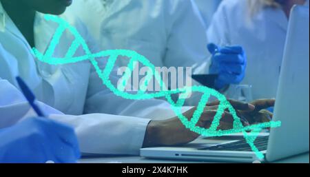 Bild des dna-Strangs, der sich über Wissenschaftlern im Labor dreht Stockfoto