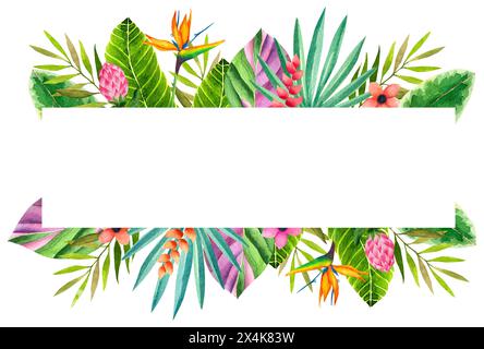 Tropische Blumen, Blätter, Rand, Hibiskus, Rahmen, Aquarell, Ecke, Aquarellillustration, Dekoration, Muttertag, Feier, Sommerstimmung Stockfoto