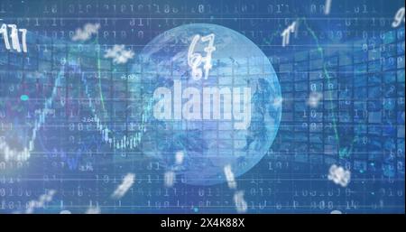 Bild von der Verarbeitung von Finanzdaten und den Zahlen, die sich über den Globus ändern Stockfoto