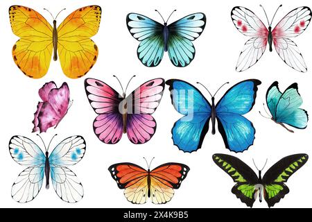 Bunte Schmetterlinge, Schmetterlingsset, Aquarell, Insekten, isoliert auf weiß, drucken Stockfoto