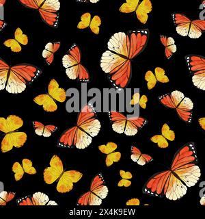 Schmetterling, Orange, Gelb, nahtloses Muster, Dekoration, Illustration, Digitalpapier, Hintergrundbild, Geschenkpapier, Hintergrund, auf Schwarz Stockfoto