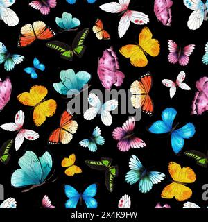 Pink, Orange, Gelb, Schmetterling, nahtloses Muster, Dekoration, Illustration, Digitalpapier, Tapete, Geschenkpapier, Hintergrund Stockfoto