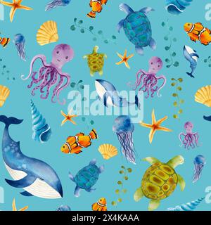 Meereslebewesen, Wildtiere, Tintenfische, Sternfische, Quallen, nahtloses Muster, Illustration, aquatisch, Tapete, Textur, drucken, Zeichentrick Stockfoto