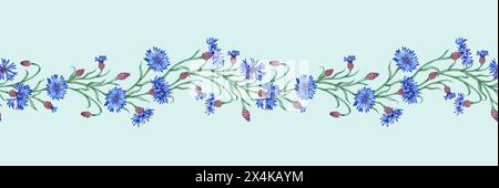 Kornblumen Blumen horizontales Muster auf blauer Hintergrund Aquarellabbildung. Botanisches Kompositionselement aus Hintergrund isoliert. Geeignet für Stockfoto