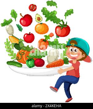 Cartoon-Junge mit einer großen Schüssel buntem Gemüse Stock Vektor