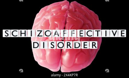 3D-Darstellung von Holzblöcken mit dem Wort "schizoaffektive Störung" und einem menschlichen Gehirn Stockfoto