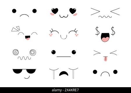 Kawaii Style sieht Manga Anime Emotionen, Comic Ausdrücke, niedliche Augen Sammlung isoliert auf weißem Hintergrund. Doodle Smiley Stimmungsdesign-Elemente, . Vektorabbildung Stock Vektor