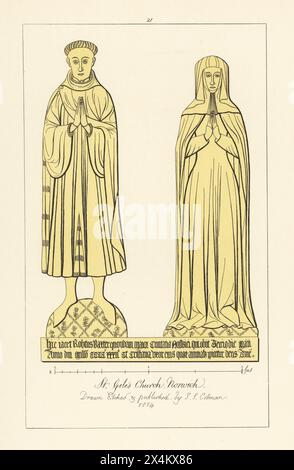Robert Baxter, Sheriff und späterer Bürgermeister von Norwich, starb 1432 und seine Frau Christiana Baxter. Mann im Oberbürgermeisterkleid mit Pelz, seine Frau im Witwenschleier und barbe. St. Giles Church, Norwich. Handgetönter Kupferstich gezeichnet, geätzt und veröffentlicht von John Sell Cotman in Gravuren der bemerkenswertesten Grabesen in Suffolk, Henry Bohn, London, 1818. Stockfoto