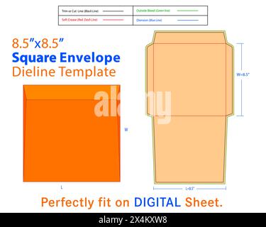 Quadratischer Umschlag, W 8,5, L 8,5 Zoll, Matrizenschablone. Katalogumschläge sind in der Regel größere Umschläge, die zum Versenden von Dokumenten, Katalogen und Broschüren verwendet werden Stock Vektor