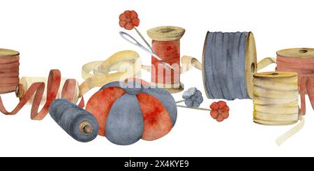 Handgezeichnete Aquarell-Illustration Nähen Bastelbedarf. PIN Polster Band Gewinde Spulennadeln Blumenstifte. Nahtloses Banner isoliert auf weiß Stockfoto