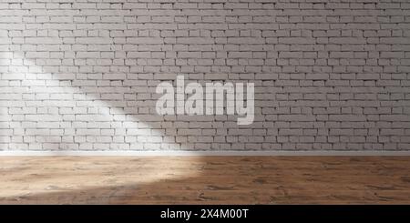 Leerer Innenraum mit weißer Ziegelwand, braunem Holzboden und Fensterschatten, Architektur- oder Gebäudeschablone, 3D-Illustration Stockfoto
