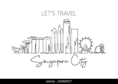 Eine einzeilige Zeichnung der Skyline von Singapur. Historische Stadtlandschaft der Welt. Poster mit dem besten Urlaubsziel. Editierbarer Strich trendy Stock Vektor