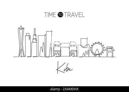 Einzelne durchgehende Linienzeichnung der Skyline der Stadt Kobe, Japan. Berühmte Stadt und Landschaft. World Travel Concept, Wohnkultur, Wanddekor, Posterdruck. Stock Vektor