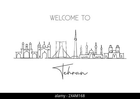 Einzelne durchgehende Linienzeichnung der Skyline der Stadt Teheran, Iran. Berühmter Stadtschaber und Landhausdekoration Poster Kunstdruck. Weltreisekonzept. Stock Vektor
