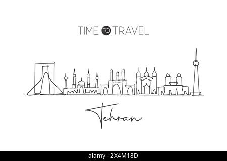 Eine einzelne Linienzeichnung der Skyline der Stadt Teheran oder Teheran Iran. Historische Stadtlandschaft der Welt. Bestes Urlaubsziel. Editierbarer Hub tren Stock Vektor
