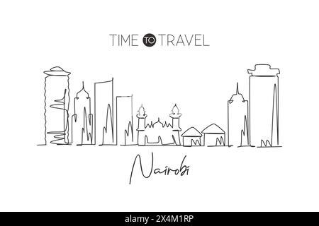 Eine durchgehende Linie zeichnet die Skyline von Nairobi, Kenia. Wunderschöne Postkarte mit Wahrzeichen. Weltlandschaftstourismus und Reiseurlaub. Bearbeitbare, elegante Stk Stock Vektor