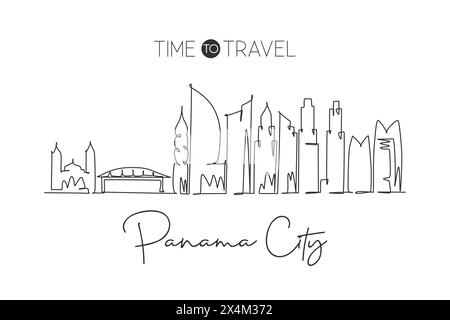 Einzelne durchgehende Linie, die die Skyline von Panama, Panama, zeichnet. Berühmte Stadt-Kratzer-Landschaft. World Travel Destination Concept Wanddekor Posterdruck Stock Vektor