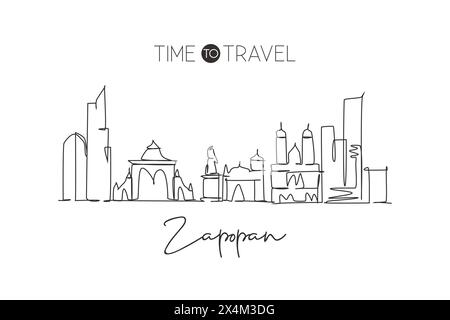 Eine einzelne Linie zeichnet die Skyline der Stadt Zapopan Mexiko. Welthistorische Stadtlandschaft. Bestes Hotel Urlaubsziel Wohnkultur Poster-Druck Kunst. Tren Stock Vektor