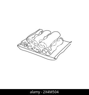Einzelne durchgehende Linienzeichnung mit stilisiertem chinesischem Frühlingsrollen-Logoetikett. Asiatisches Snack-Restaurant-Menü-Konzept. Moderne einzeilige Zeichnung Design Vektor il Stock Vektor