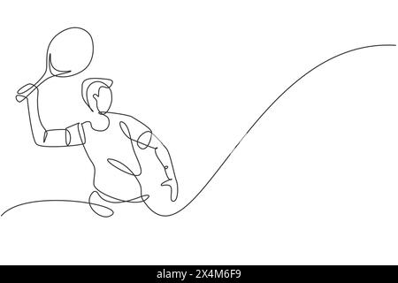 Einzelne durchgehende Linienzeichnung eines jungen, wendigen Tennisspielers hält den Ball vor dem Gegner. Sportübungskonzept. Trendy eine Linie zeichnen Design Vektor il Stock Vektor