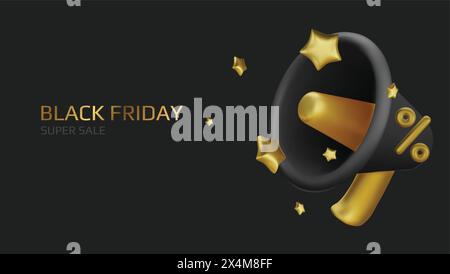 Black Friday Superangebot. Promo-Hintergrund mit realistischen 3D-Comic-Elementen, schwarzem Megaphon und Prozentsymbolen. Werbebanner, Webposter Stock Vektor