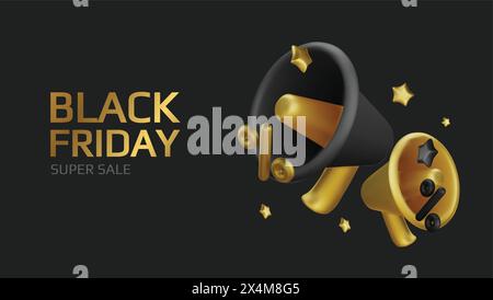 Black Friday Superangebot. Promo-Hintergrund mit realistischen 3D-Comic-Elementen, schwarzem Megaphon und Prozentsymbolen. Werbebanner, Webposter Stock Vektor