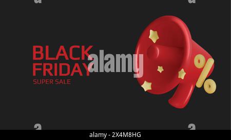 Black Friday Superangebot. Promo-Hintergrund mit realistischen 3D-Comic-Elementen, rotem Megaphon und Prozentsymbolen. Werbebanner, Webposter Stock Vektor