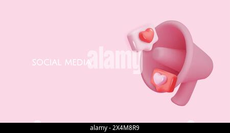 3D-Megaphon-Lautsprecher für das romantische valentinsmoji. Valentinstag festliche dekorative Liebe, Herz und Liebe Emoji-Ikone. Stock Vektor