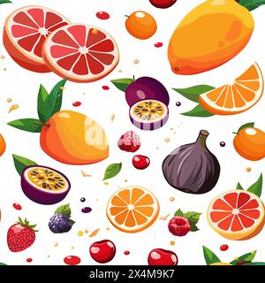 Nahtloses Vektor-Muster mit Früchten, Beeren und grünen Blättern. Isolierte Abbildung auf weißem Hintergrund. Sommer-Fruchtdesign für Stoff, Textilien, BE Stock Vektor