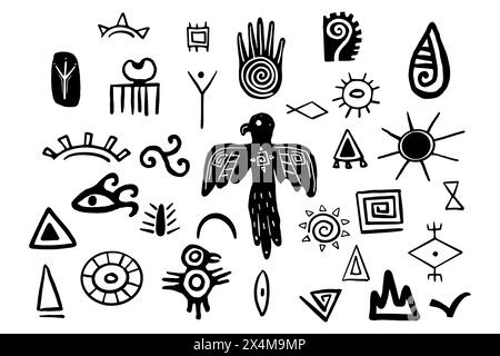 Tibal traditionelle primitive aztekische Elemente Doodle-Stil, mexikanische indigene Einheimische-Druck, Sammlung torems Symbole isoliert auf weißem Hintergrund. Vektorabbildung Stock Vektor