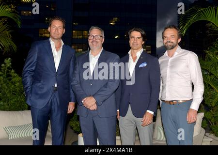 Miami, USA. Mai 2024. MIAMI, FLORIDA - 2. Mai 2024: Jon Paul „JP“ Pérez, Präsident der verbundenen Gruppe, Brett Patterson, Präsident von Outback Steakhouse, Alejandro Reynal, President & CEO Four Seasons und Antoine Tessier, CEO der DuPont REGISTRY Group nahm am zweiten jährlichen Future Consumer Summit Teil, der gemeinsam von McKinsey & Company und Main Rose im Four Seasons am 2. Mai 2024 in Miami, Florida, veranstaltet wurde. (Foto: JL/SIPA USA) Credit: SIPA USA/Alamy Live News Stockfoto