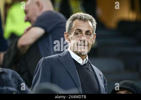 DORTMUND - der ehemalige französische Präsident Nicolas Sarkozy in der Tribüne beim Halbfinalspiel der UEFA Champions League zwischen Borussia Dortmund und Paris Saint Germain im Signal Iduna Park am 1. Mai 2024 in Dortmund. ANP / Hollandse Hoogte / BART STOUTJESDIJK Stockfoto