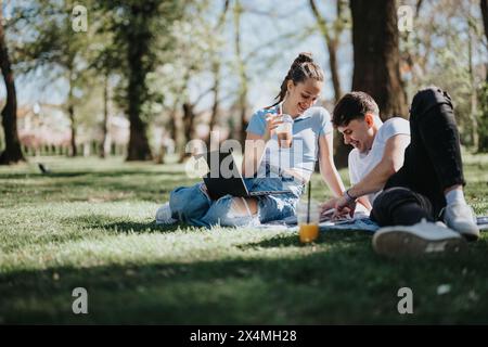 Studenten studieren gemeinsam im Freien auf dem sonnigen Campus Stockfoto