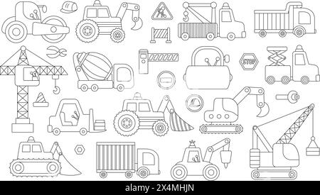 Spezielles Transportset für Vektoren in Schwarz-weiß. Baustellen, Straßenarbeiten, Gebäude Transportlinien Symbole mit Planierschild, Traktor, Lkw, Kran, Conr Stock Vektor