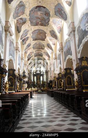 Innenraum der Klosterkirche Mariä Himmelfahrt von Anselmo Lurag, die zum Strahov-Kloster gehören. Das Kloster wurde um 1143 von Herzog Vladislav II für den Prämonstratensorden erbaut. Seinen Namen erhält es aufgrund seiner strategisch günstigen Lage außerhalb der ursprünglichen Stadtmauer als bewachter Zugang zur Burg. Strahovati ist das tschechische Wort für bewachen Dennoch war das Kloster mehrfach durch Feuer und Kriege stark beschädigt und im 17. Jahrhundert im Barockstil vollständig um- und wiederaufgebaut. Die Anlage umfaßt die 1599 von Rudolf II zum Dank für das Ende einer Pestepedemi Stockfoto