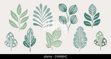 Tropische Vektorblätter Sammlung, Set. Grüne Vektor isolierte Elemente auf weißem Hintergrund. Flache Blattsilhouetten Stock Vektor